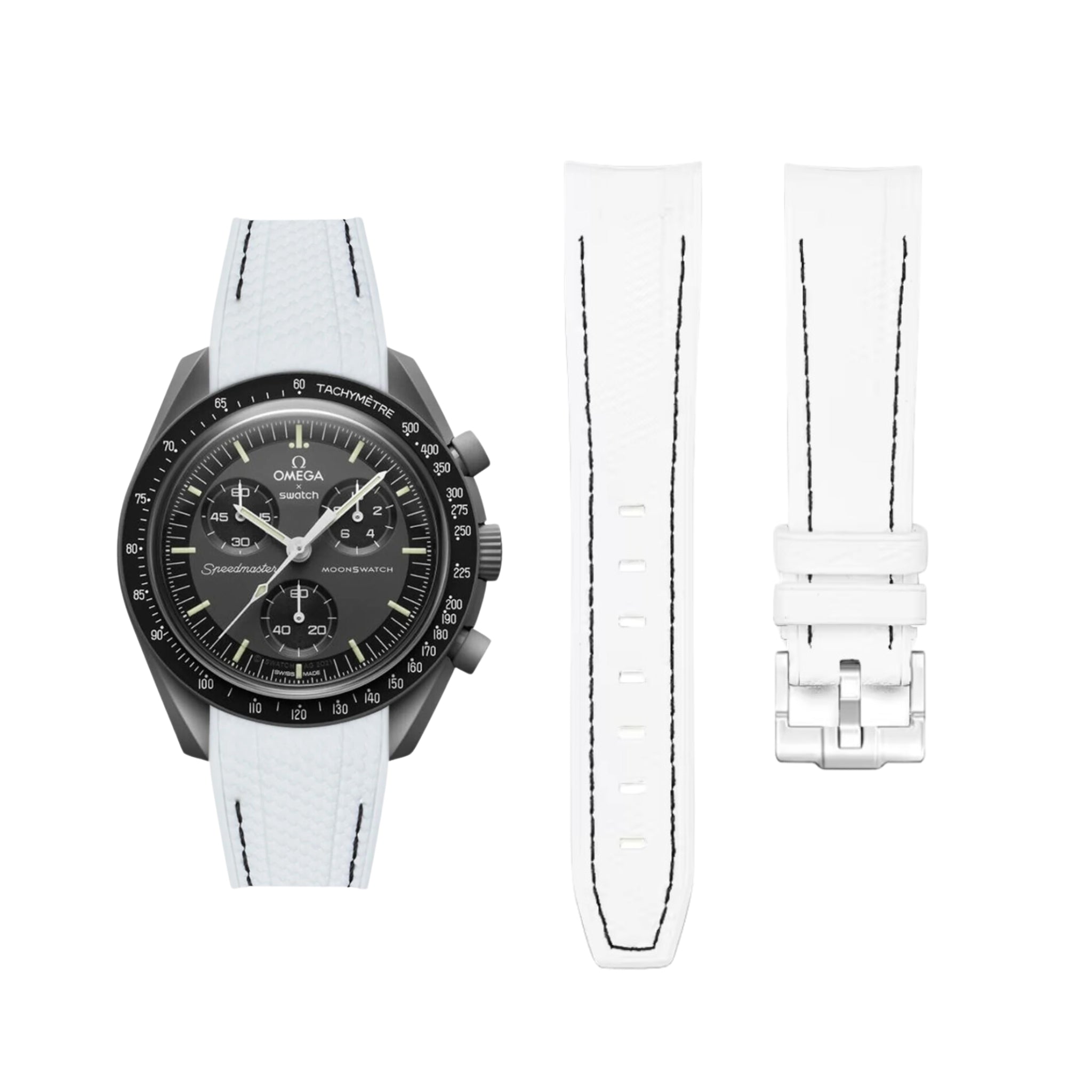 Pulseira de borracha - Para Missão a Mercúrio | Omega X Swatch | MoonSwatch - Branco com linha preta