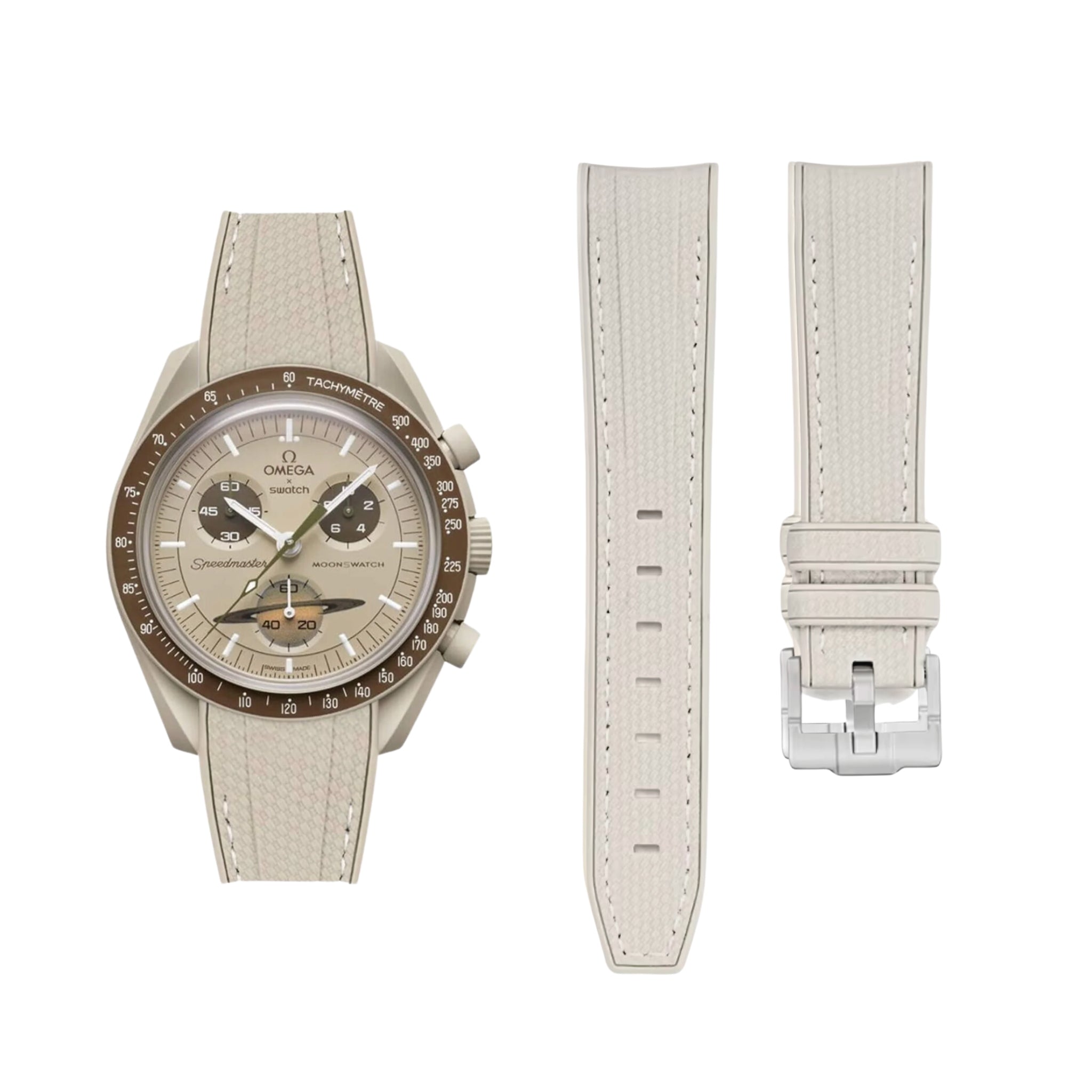 Pulseira de borracha - Para missão a Saturno | Omega X Swatch | MoonSwatch - Bege com Branco